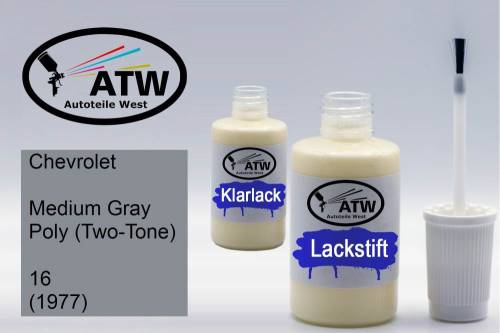 Chevrolet, Medium Gray Poly (Two-Tone), 16 (1977): 20ml Lackstift + 20ml Klarlack - Set, von ATW Autoteile West.